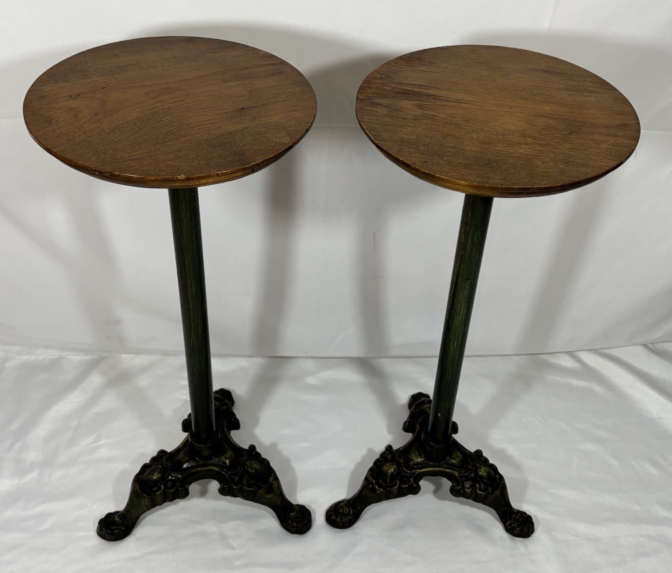 Antique Vintage Painted Green Cast Iron & Walnut? Wood Top Pedestal Plant Stand