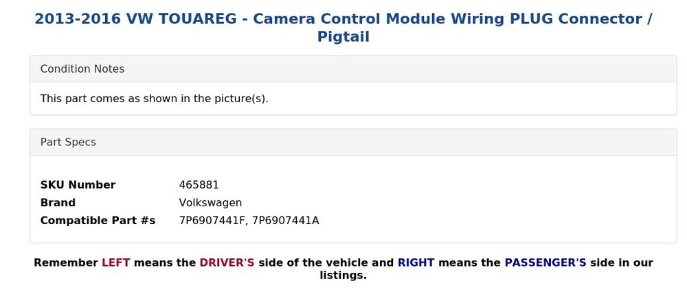 2013-2016 VW TOUAREG - Camera Control Module Wiring PLUG Connector / Pigtail