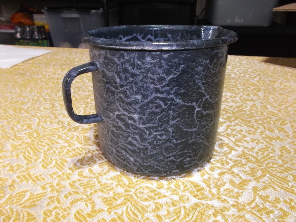 Vintage Blue Enamelware Pot With Handle Romania Label Unusual Pattern
