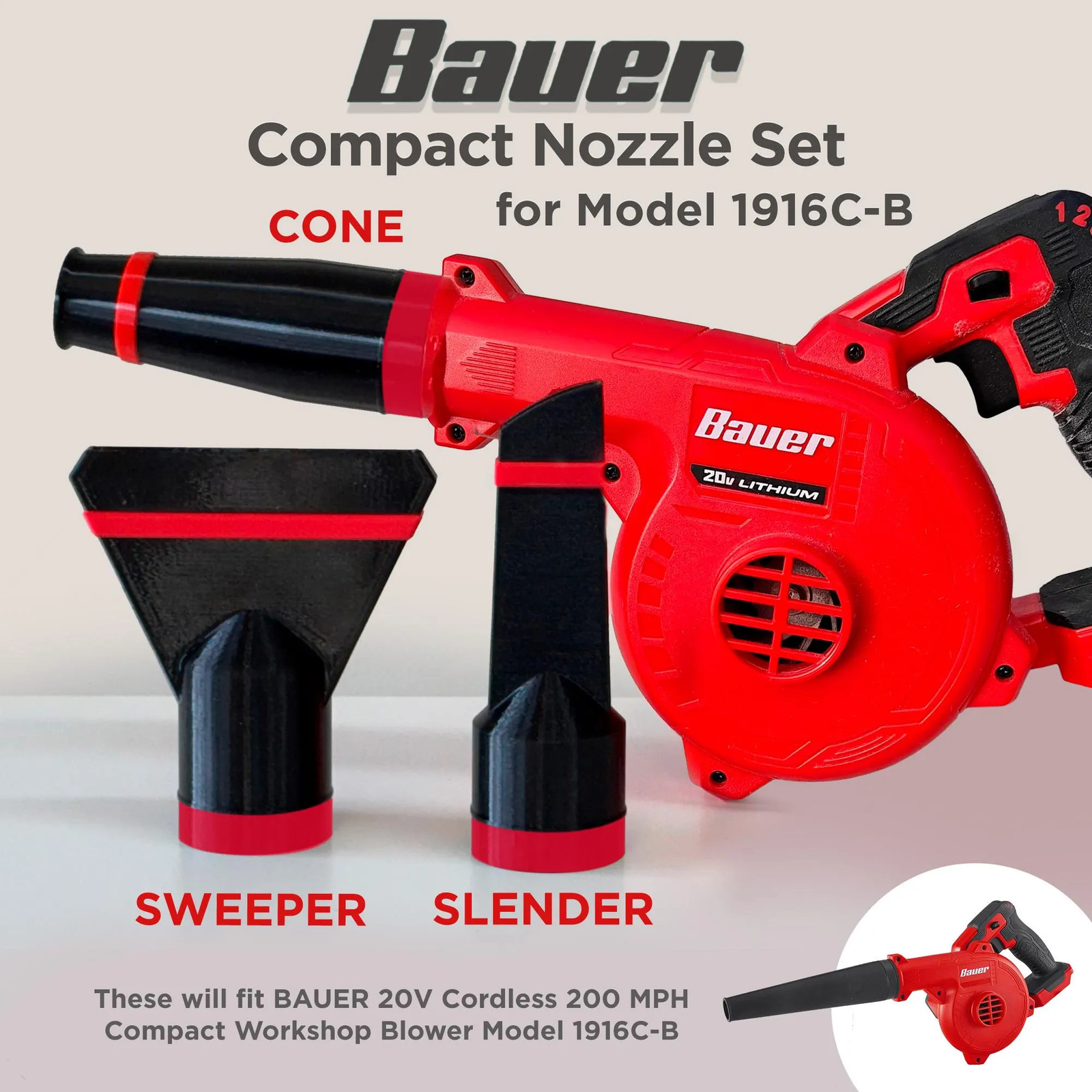 Bauer 20V Blower Nozzle Attachment: Compact Airflow, Model 1916C-B