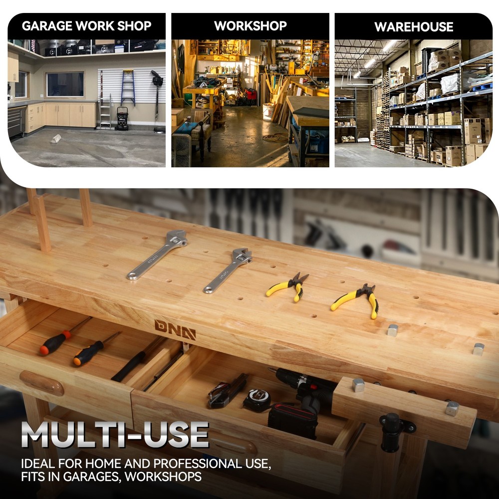 Solid Oak Wood Workbench Work Desk w/ 2 Drawers + Open Space + Adjustable Handle