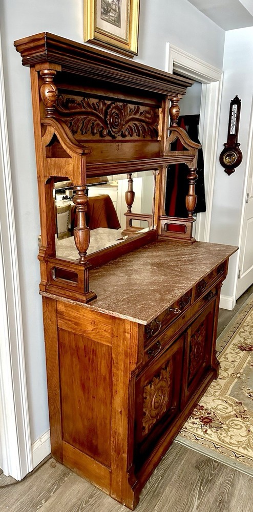 Antique Sideboard Victorian Burl Walnut Marble Top Buffet