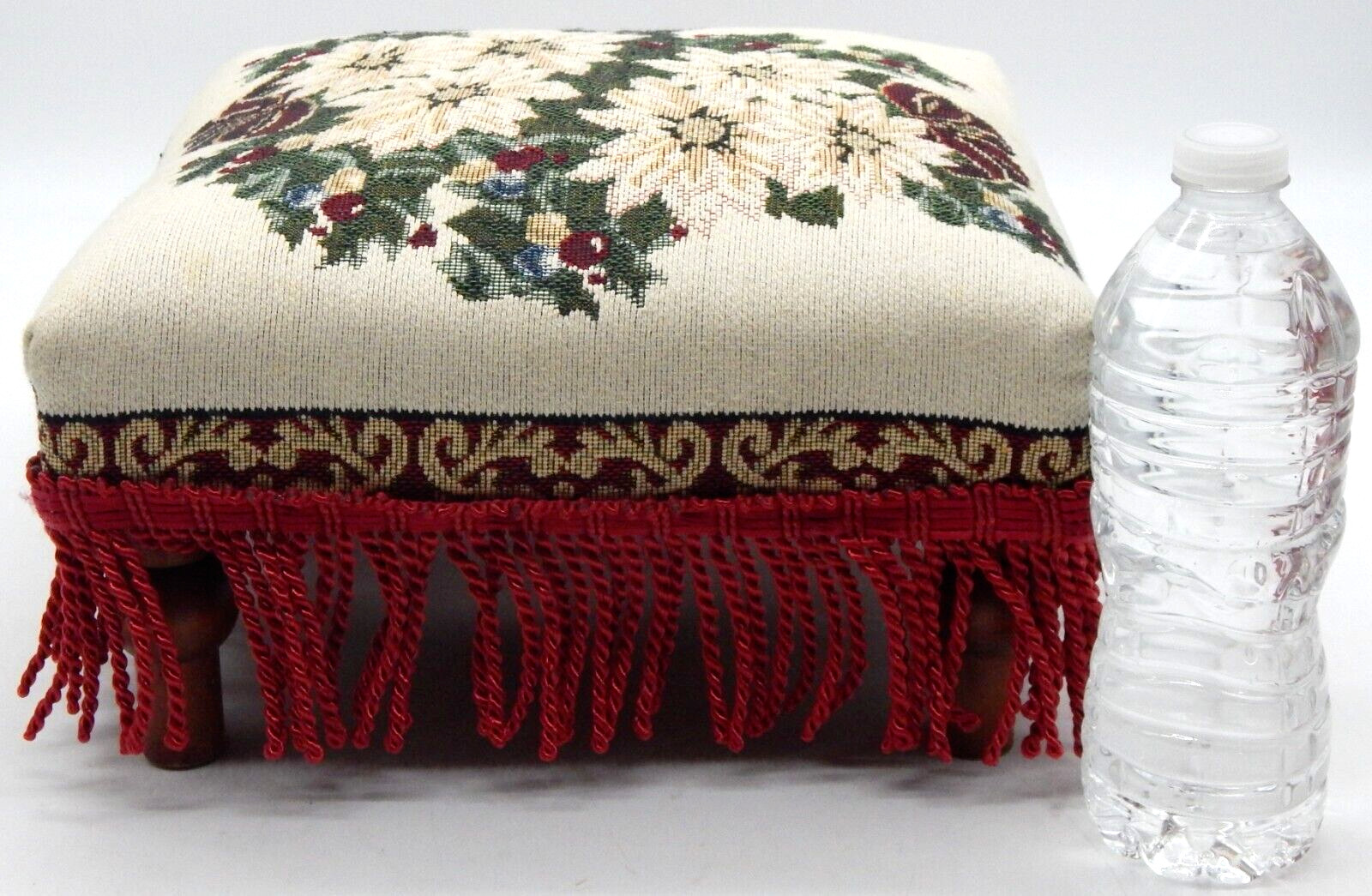 Vintage Needlepoint Square Footstool Wooden Floral Print Fringed Ottman