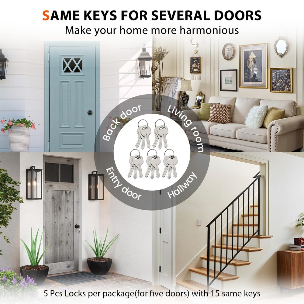 5 Pack Matte Black Door Knobs with Lock and Key, Keyed Alike Keyed Entry Door...