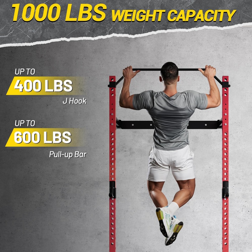 Foldable Squat Rack 1000 LBS Capacity Space-Saving with Pull-Up Bar Wall Mounted