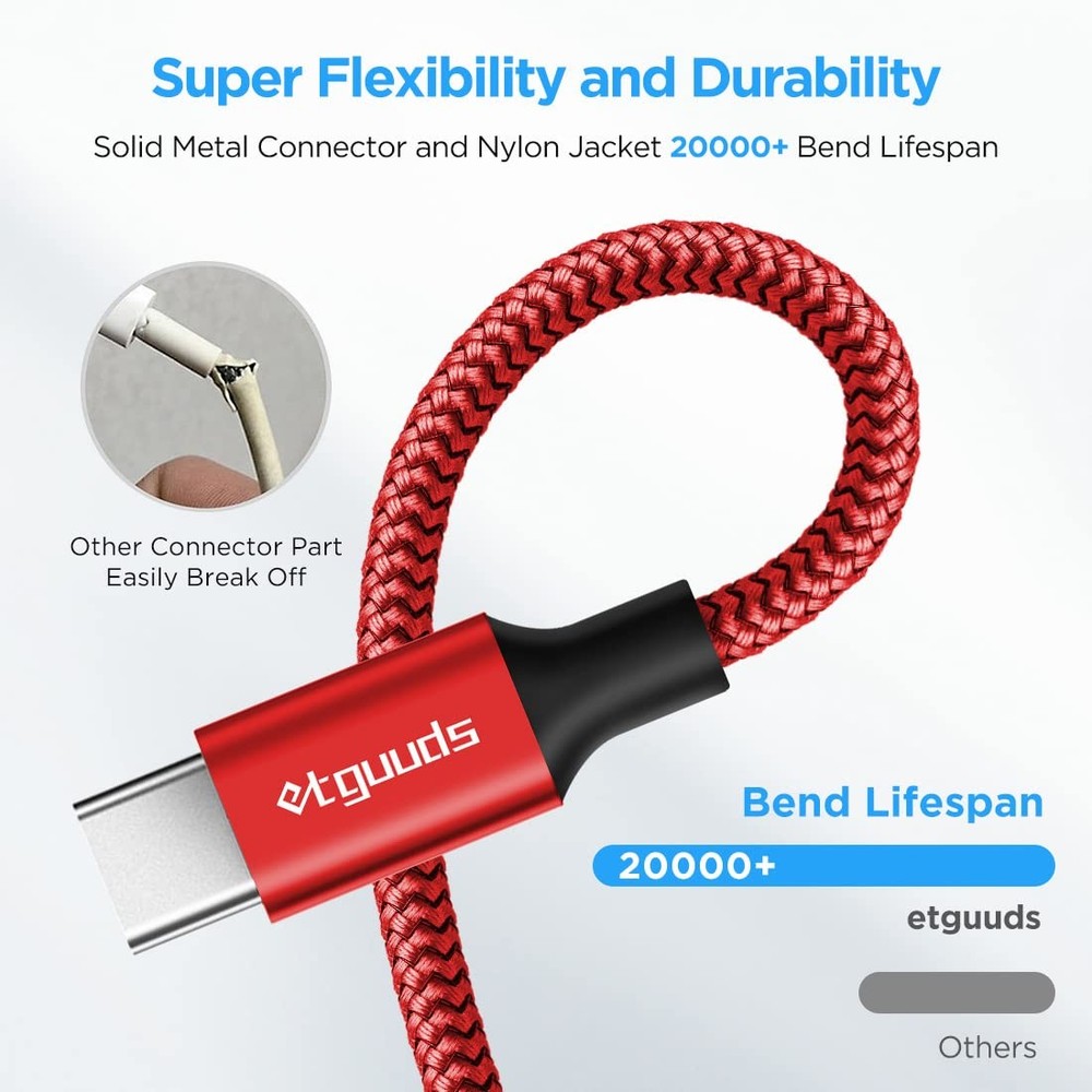 etguuds USB A to C Cable 6ft, 2-Pack, 3A Fast Charging Type C Red