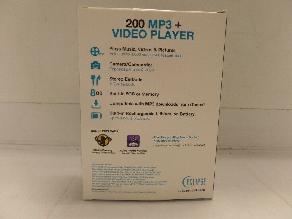 Eclipse ECLIPSE200SL8GB 8GB Silver Flash Portable Media Player AS IS BAD BATTERY