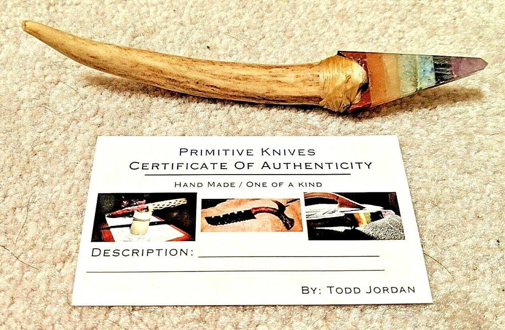 Rainbow Geode Arrowhead Multi Colored Primitive Antler Tine Handle Knife