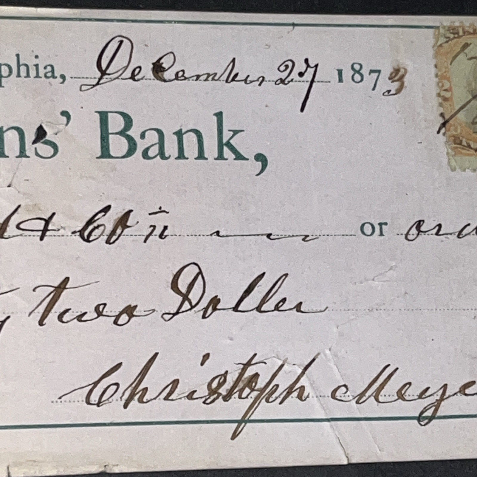 SET OF FIVE HISTORIC PHILADELPHIA REVENUE STAMPED CHECKS 1865-1873 US 2c STAMPS