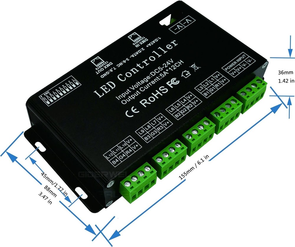 12 Channel DMX Decoder RGB Controller, 60A PWM Dimmer DC12V-24V