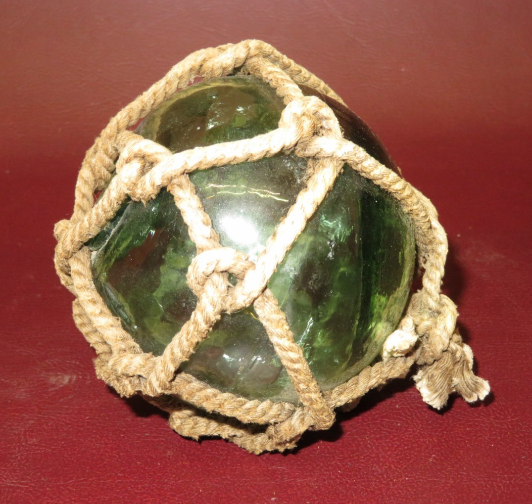 Antique 3" Japanese Rope-Wrapped Blue Hand-Blown Glass II Mark Fishing Net Float