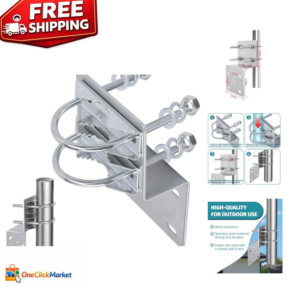 Durable 2-Pc Antenna Pole Mount Bracket with Double U Bolt Clamp, Silver Finish
