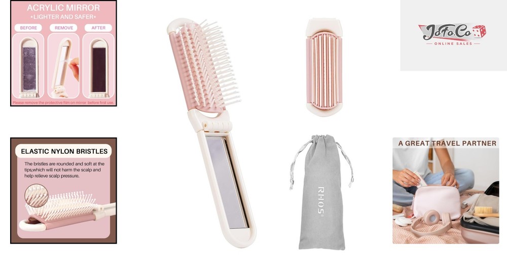 Elegant Beige Folding Brush with Mirror - Dual Function for Quick Touch-Ups