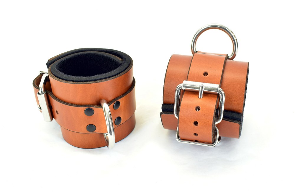 Lined Brown Leather Ankle Bondage Cuffs by Axovus