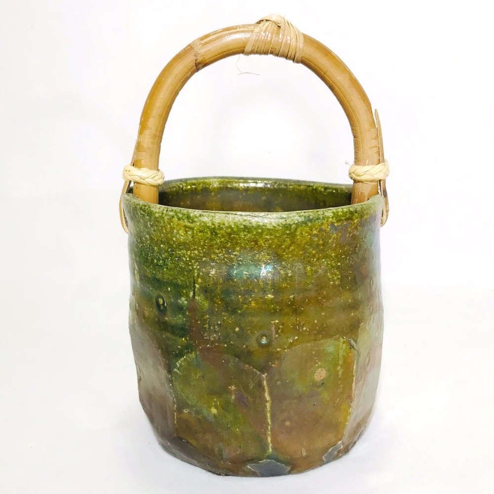 Raku Studio Art Pottery Pot Metallic w/Handle Textured Signed 7"