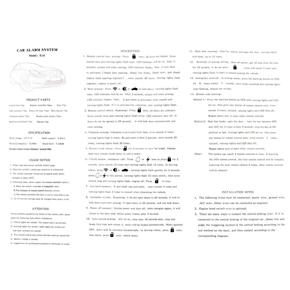 Universal 12V Car Alarm Keyless Entry System with Remote Control Siren Sensor