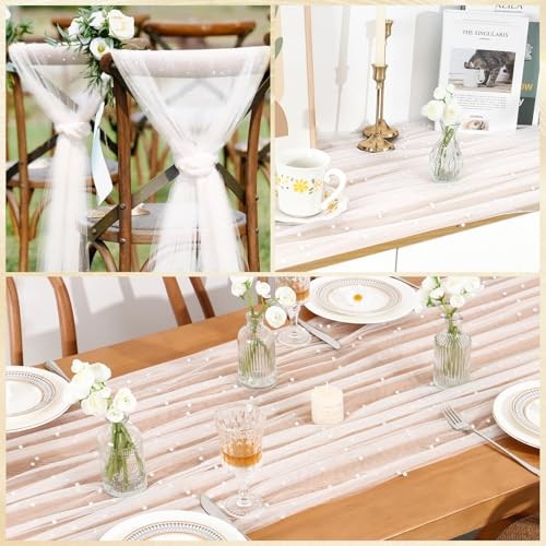 10FT Pearl Table Runner Tulle Fabric Boho Rustic Lace Table Runners 1PCS White