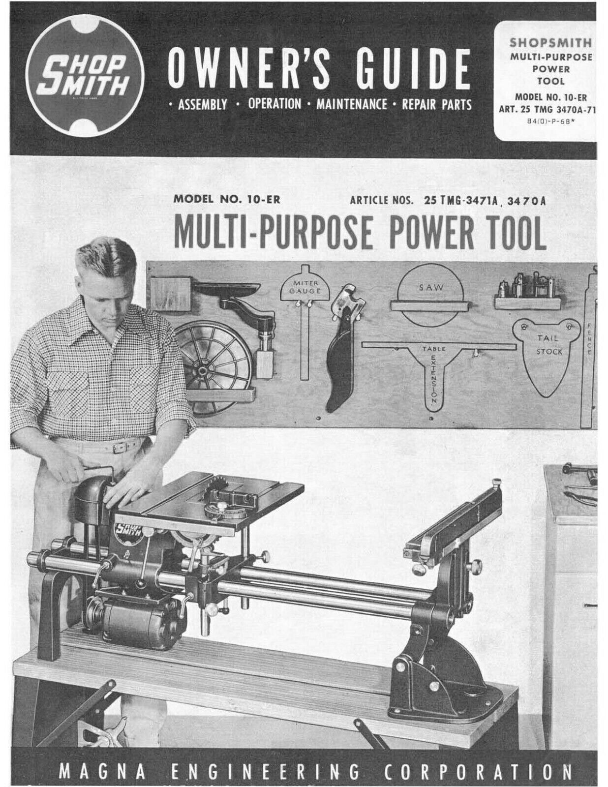 10 Owner's Guide & Parts Manual Fits SHOPSMITH Model 10-ER