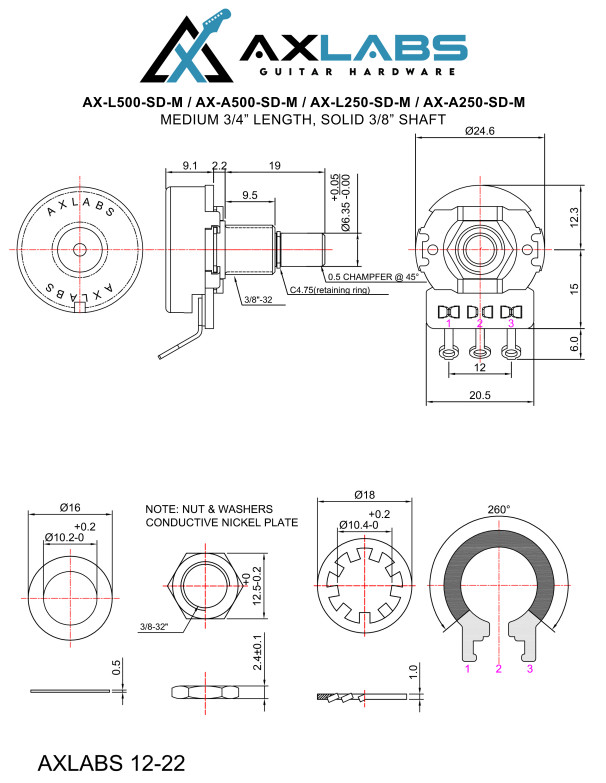 AxLabs Potentiometer - 500K Audio Taper, Medium Solid 3/8" Shaft