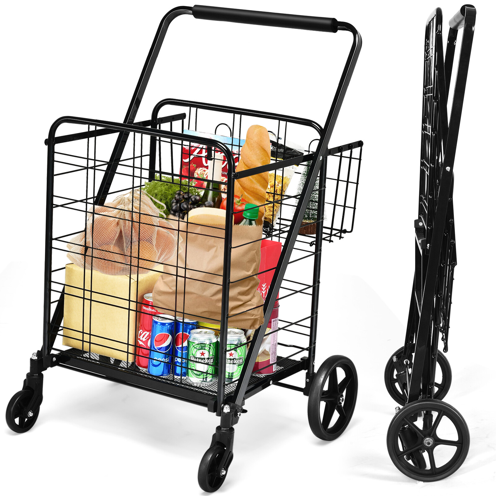 Heavy Duty Folding Shopping Cart Utility Jumbo Double Basket 330lbs Black