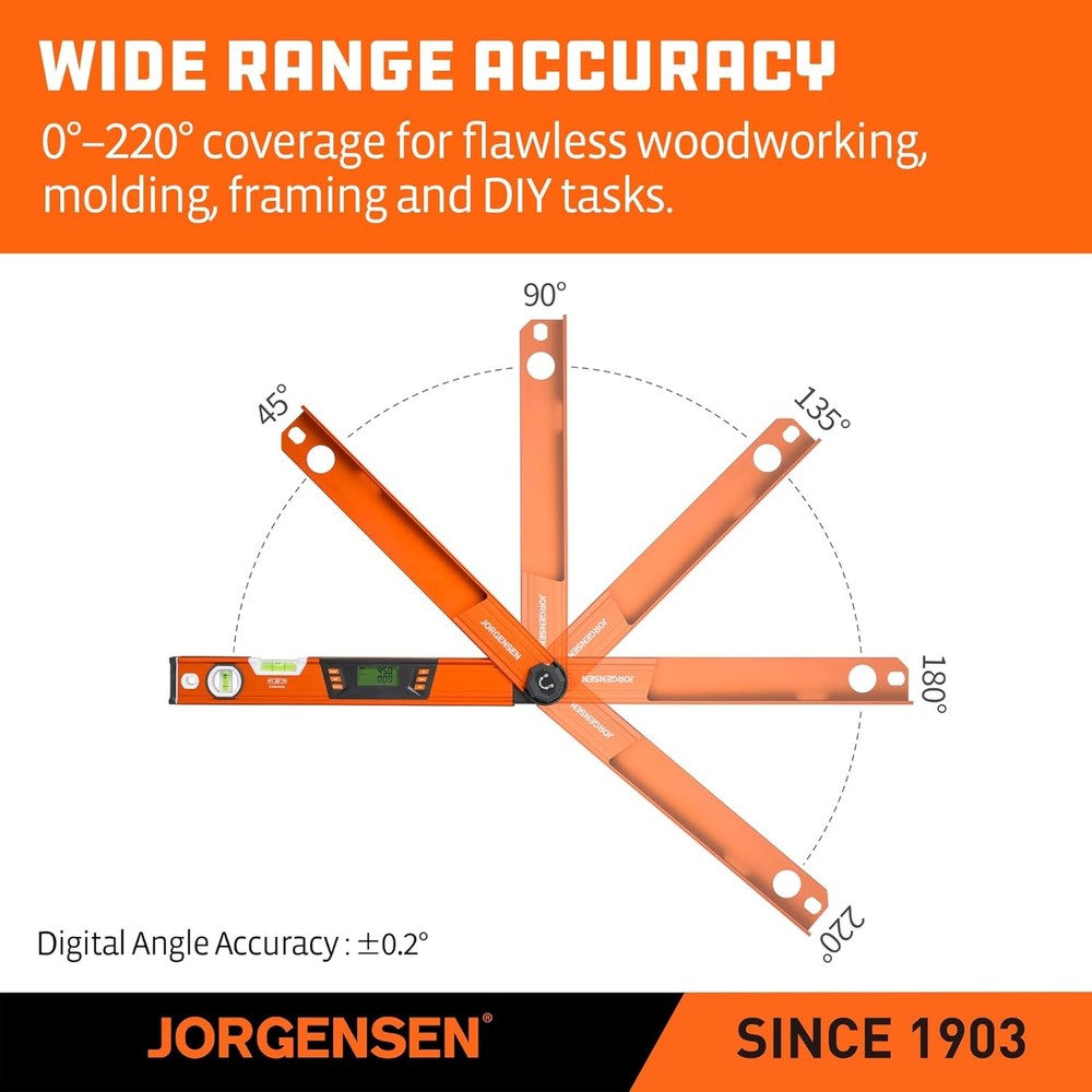 JORGENSEN Digital Angle Finder Multi-Angle Measuring Tool with Backlit LCD New