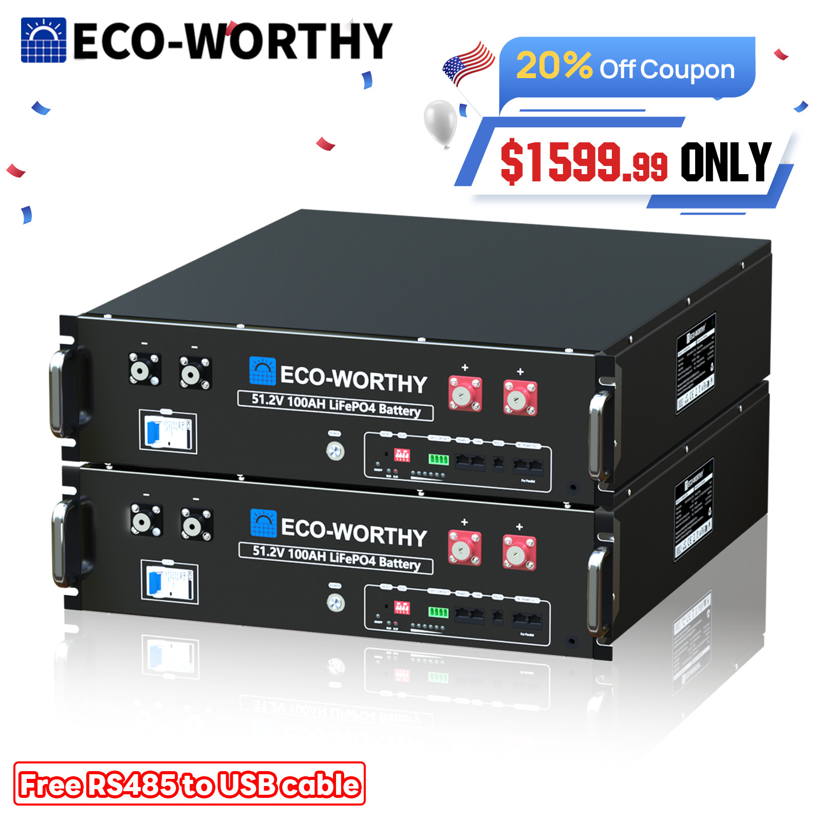 ECO-WORTHY 10.24kWh 48V 100AH Server Rack LiFePO4 Lithium Battery 3U Size Home