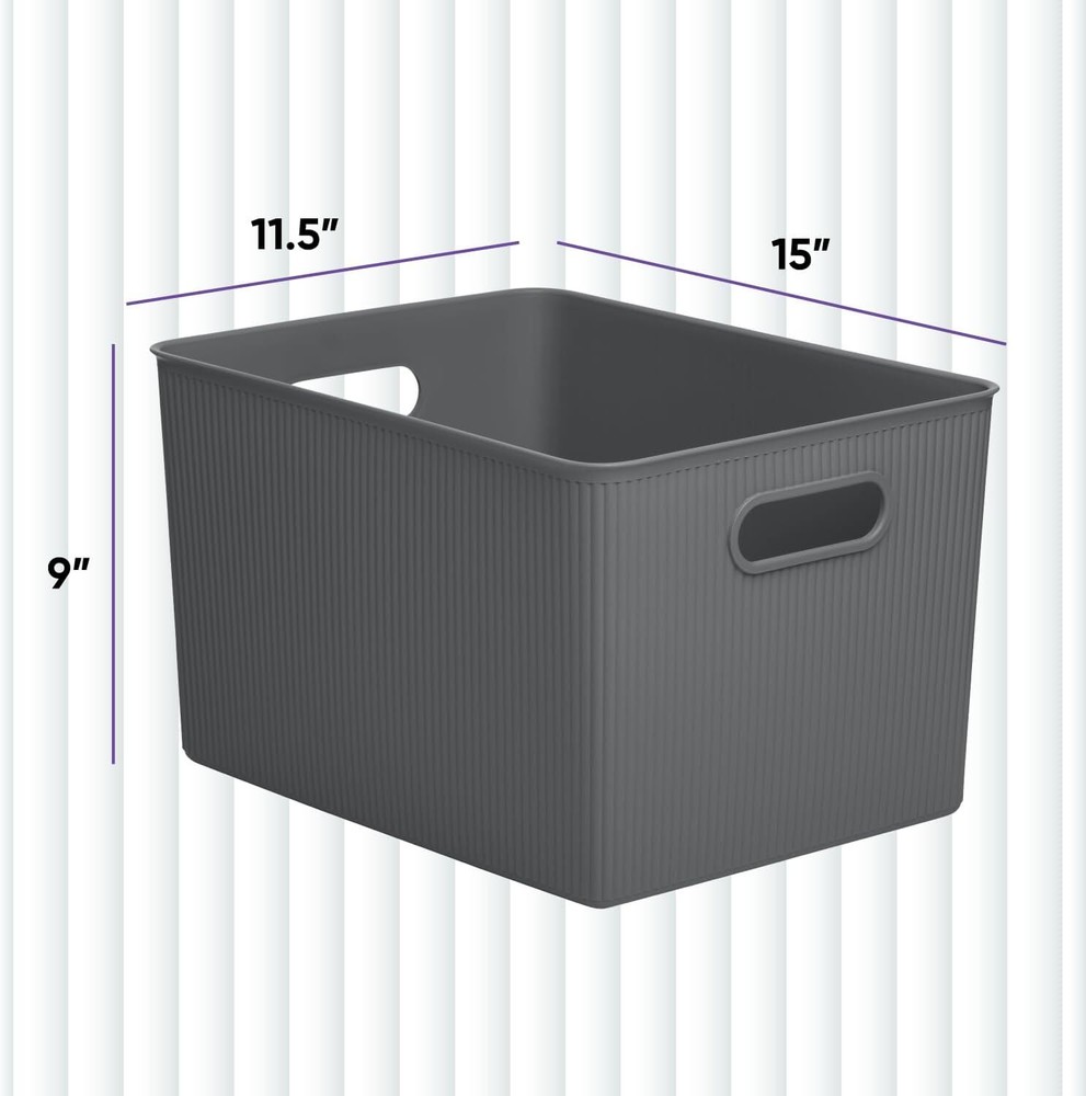 Superio Large Grey Ribbed Storage Bin, Plastic Storage Basket (22 Liter)