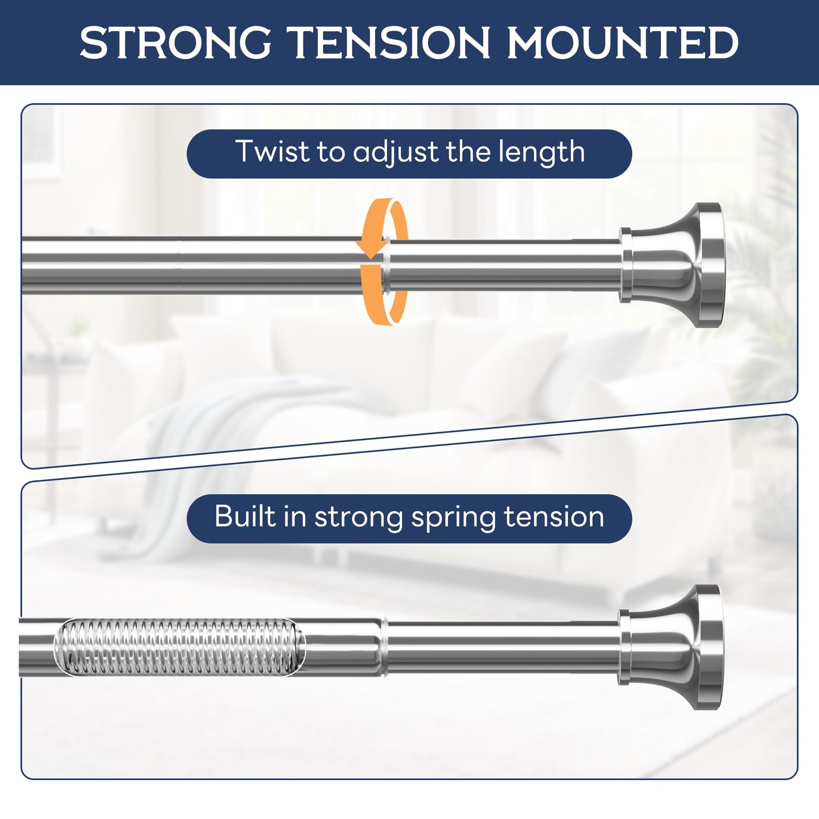 Shower Curtain Rod Spring Tension,Adjustable Stainless Steel 31-80 IN Chrome