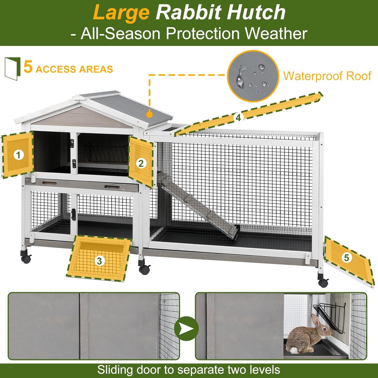 Petscosset Rabbit Hutch Outdoor Indoor Bunny Hutch 2-Story Large Rabbit Cage