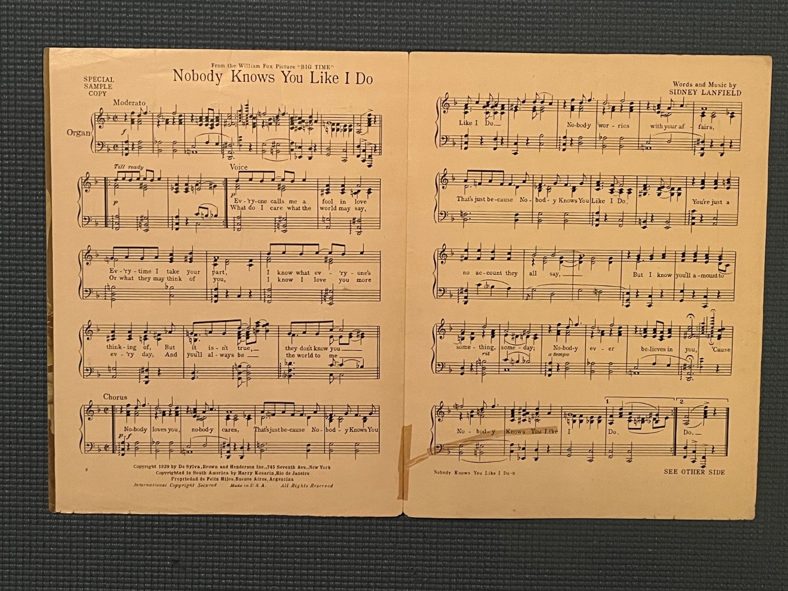 Nobody Knows You Like I Do sheet music,1929, from Big Time film, w/Lee Tracy