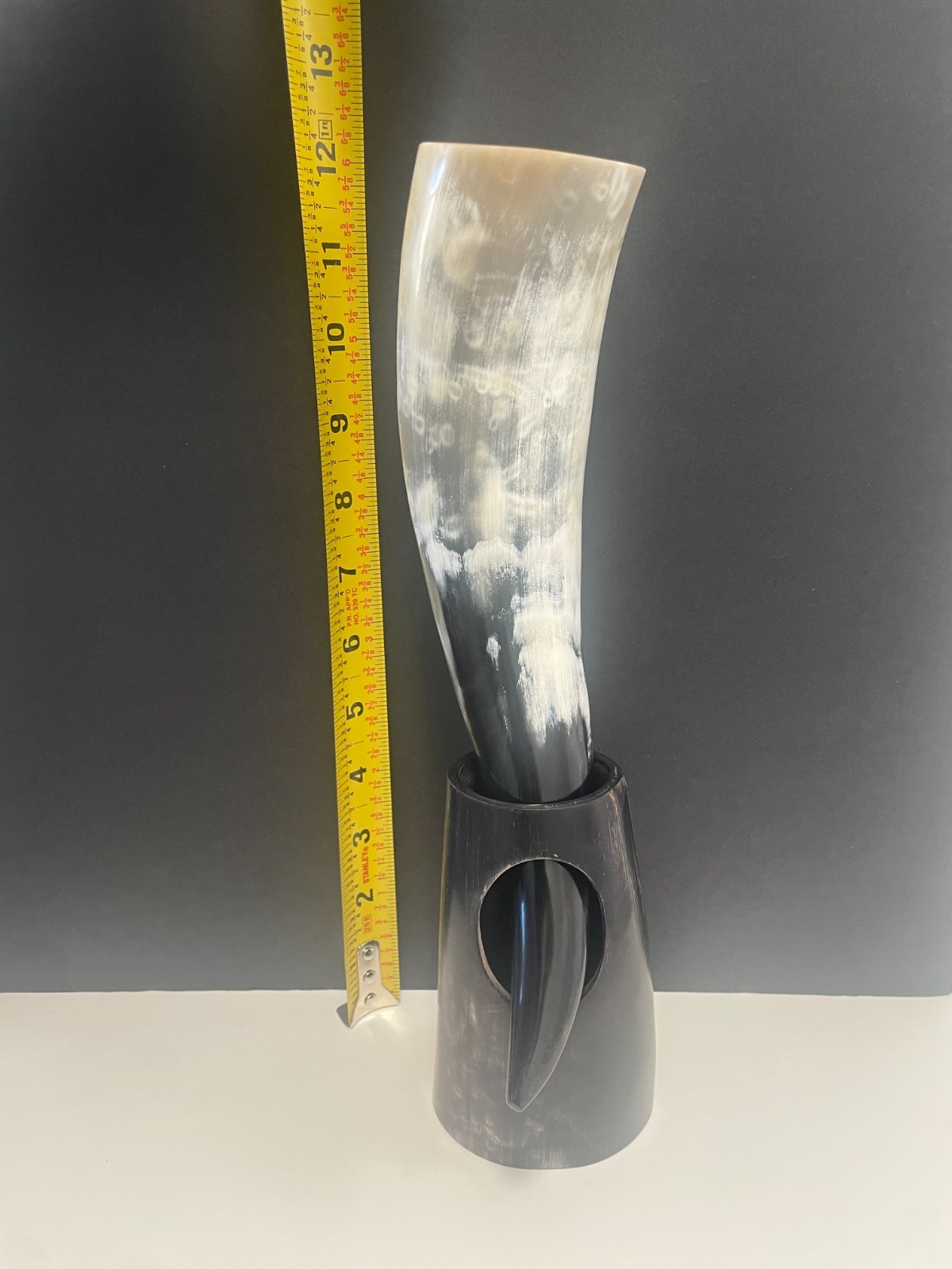 Large Polished Viking Drinking Horn & Matching Horn Stand - Natural Mead Vessel