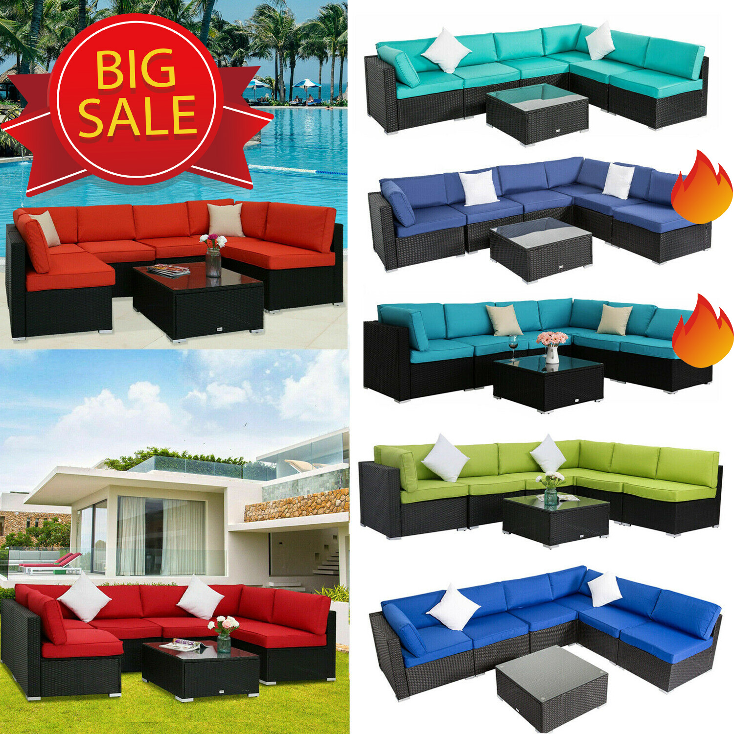 7PC Outdoor Patio Furniture Sofa Set Sectional Couch PE Wicker Rattan Cushioned