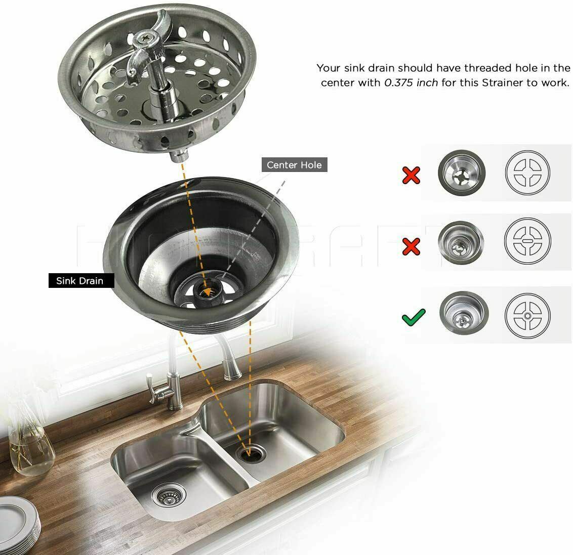 Stainless Steel Kitchen Sink Strainer Stopper Drain Basket 31/2inc Waste Plug US