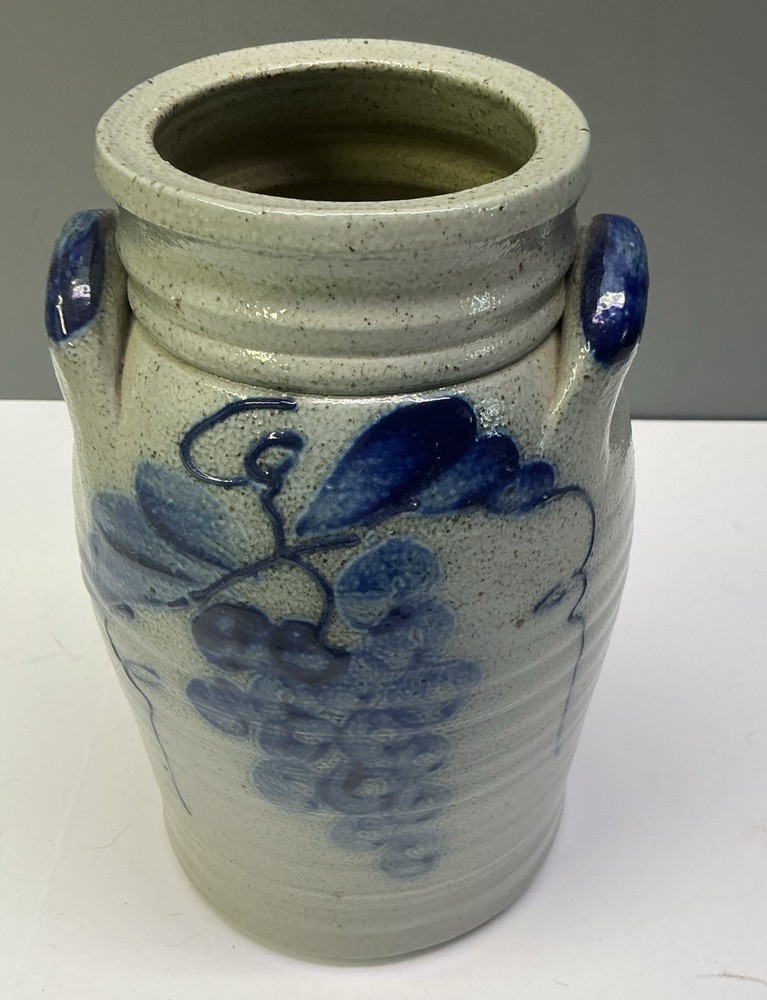 Handled Crock With Blue Indigo Grapes