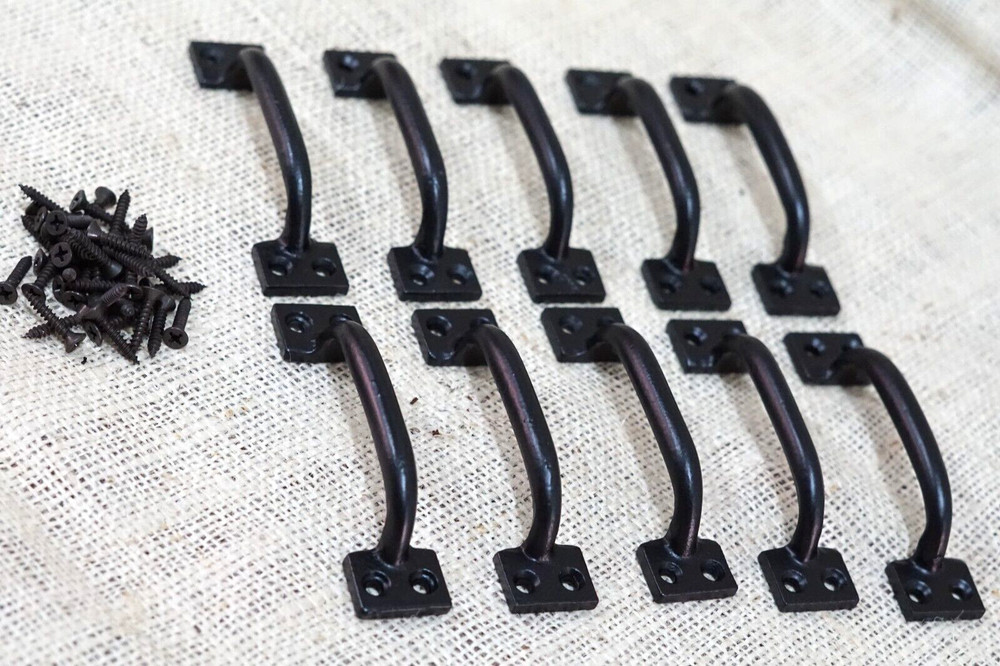 10 Cast Iron Handles Drawer Pulls Gloss Black Home Decor Kitchen Window Pull