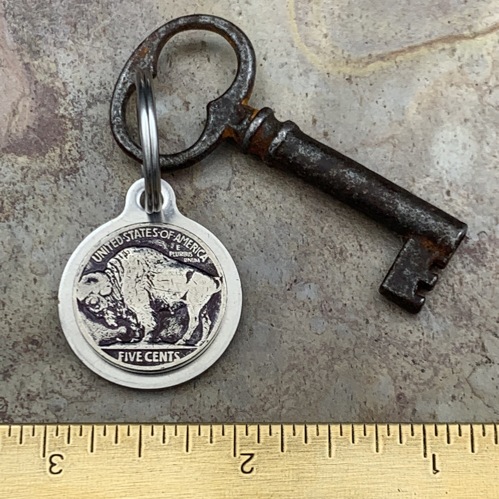 Vintage Buffalo Bison Stainless Steel Key Chain, Nickel 5 Cents