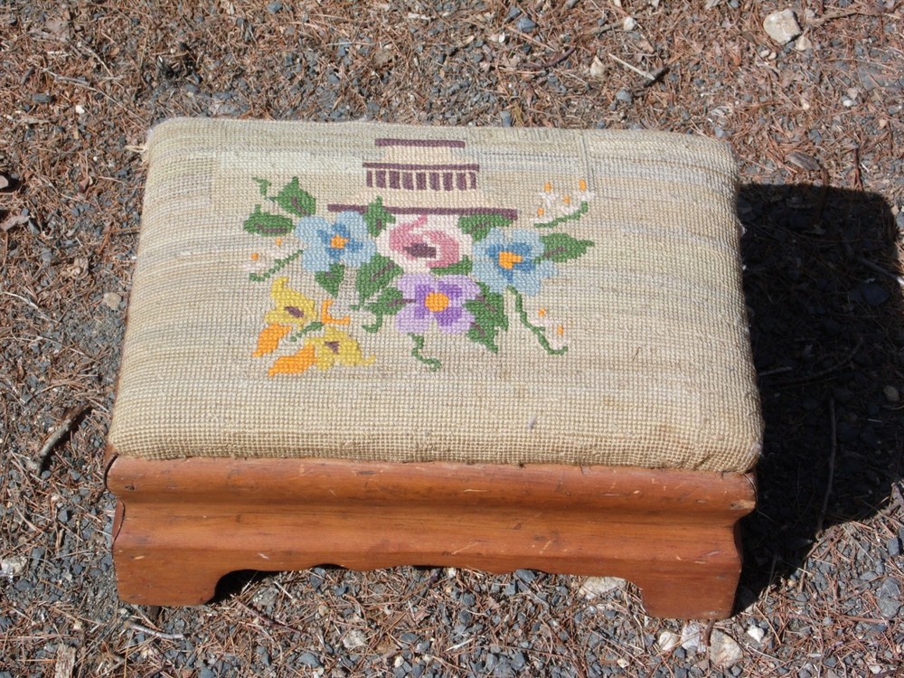 Antique Empire Style Needlepoint Footstool