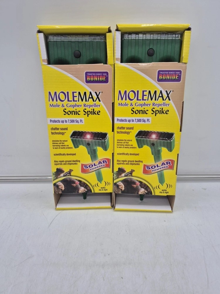 (2) Molemax Mole & Gopher Repeller Sonic Spike Bonier Solar Powered Day & Night