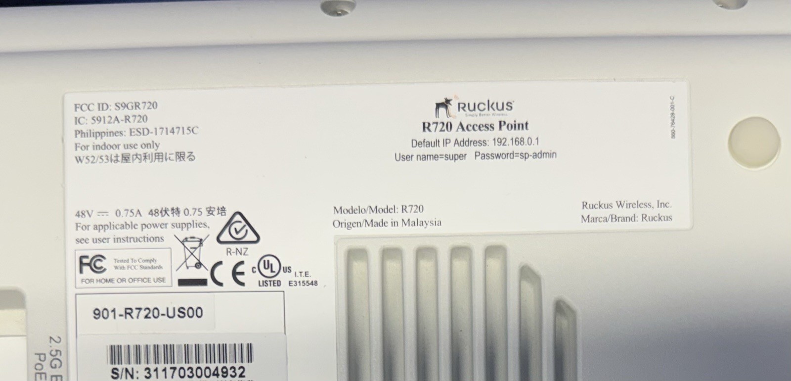 Ruckus R720 Access Point Wi-Fi Wireless w/ Bracket -Lot of 4 -No Cables -Working