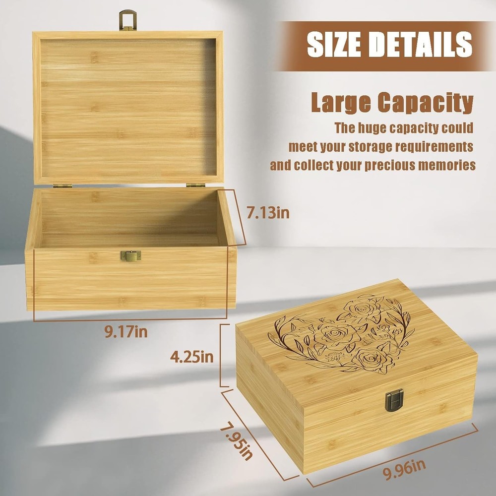 Wooden Keepsake Memory Box for Precious Items, Decorative Bamboo Boxes with H...