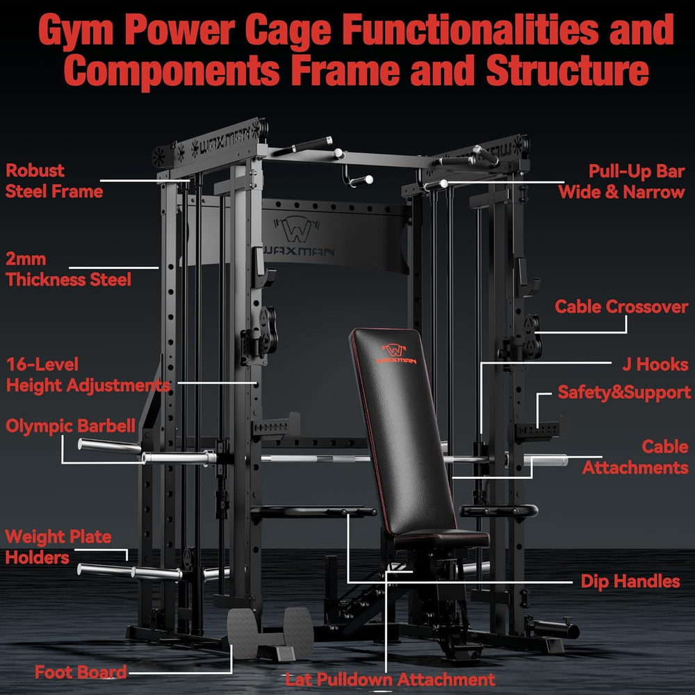 Smith Machine with Cable Crossover System, Multi - Function Squat Rack Power Cag