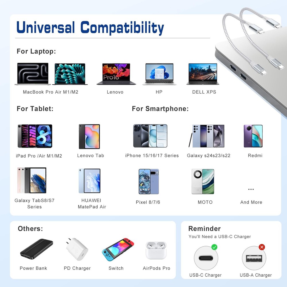 USB C to C Cable, (1FT,2-Pack) Braided Short usbc 2pack-1ft, Silver