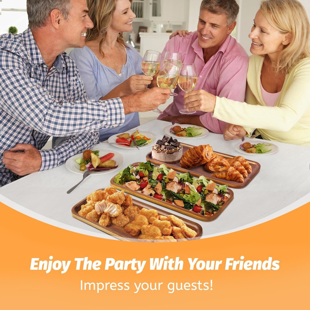 Solid Acacia Wood Serving Tray - 3 Pack, 14 x 5.5 Rectangular Wooden Serving Pla