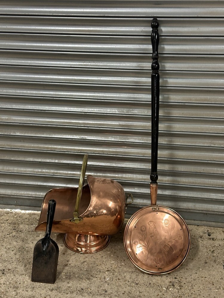 Antique 19thC Copper Coal Scuttle With Pin Hammered Pattern Bed Warmer