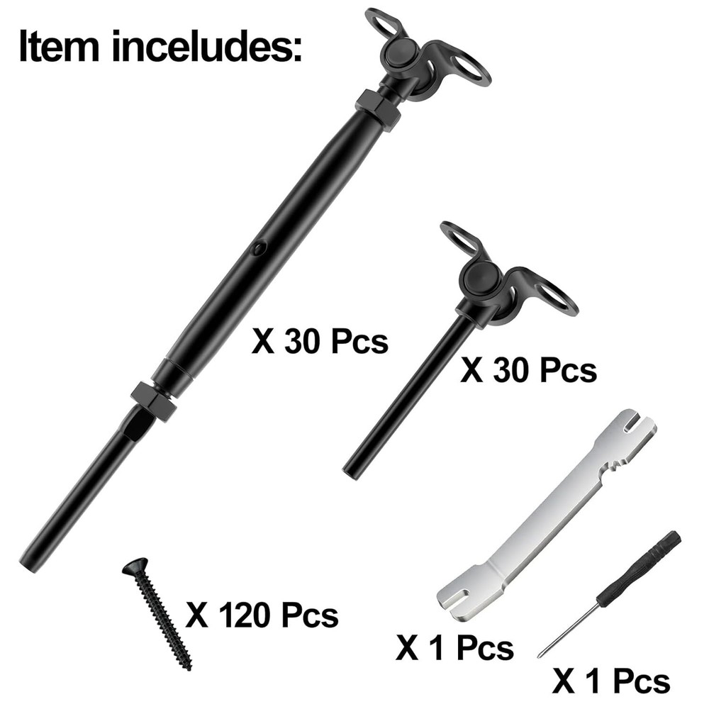1/8" Black Cable Railing Kit Swage Toggle Turnbuckle Hardware Adjustable 30 Pair