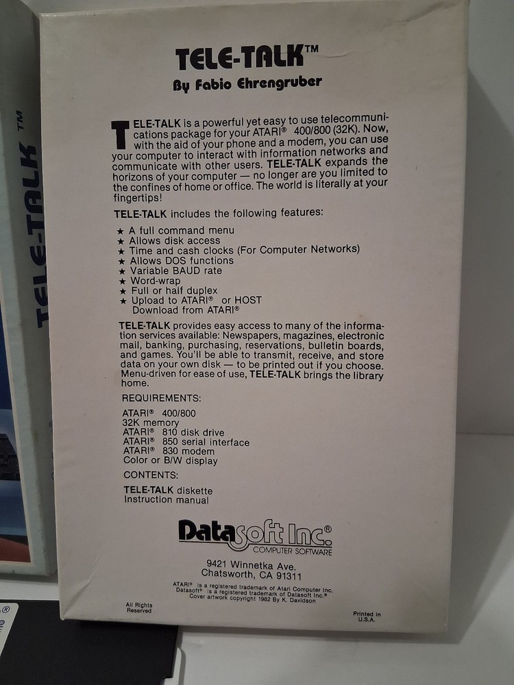 1982 TELE-TALK by DataSoft Telecommunications Software for Atari 400/800 32K Op