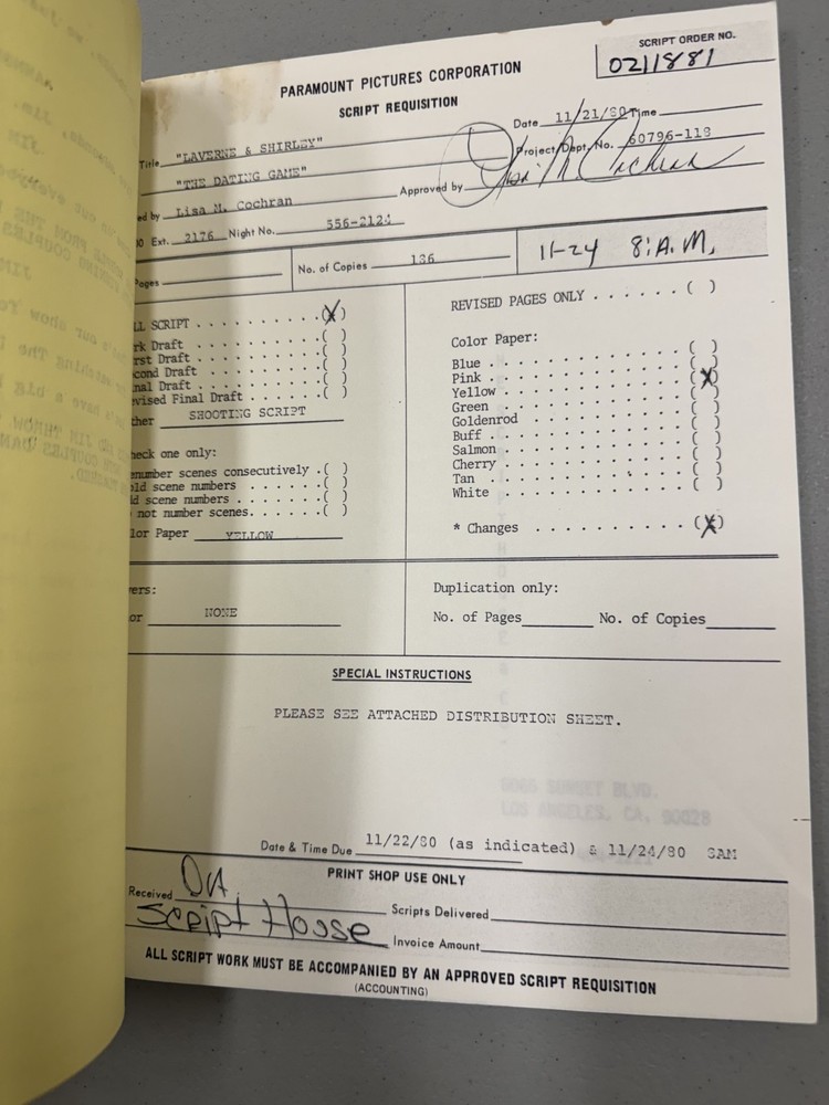 Laverne and Shirley original Tv show script