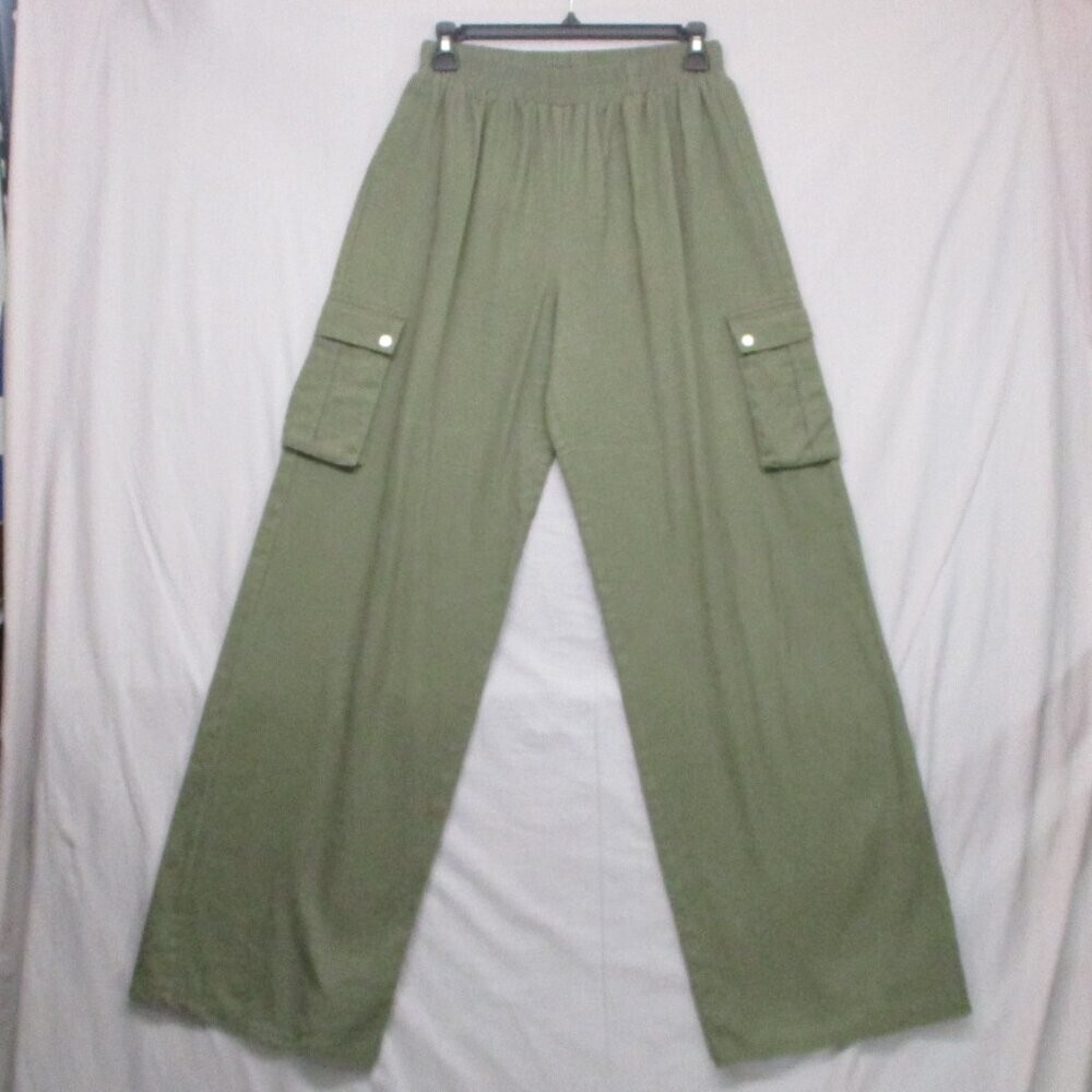 100% Cotton Cargo Pocket Baggy Loose Fit Wide Leg Pants Green Women Size | 6
