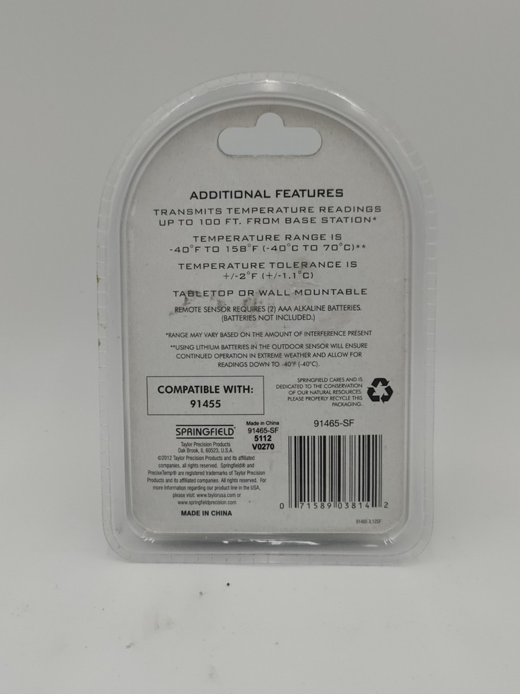 Springfield Wireless Remote Sensor 91465-SF Compatible With 91455