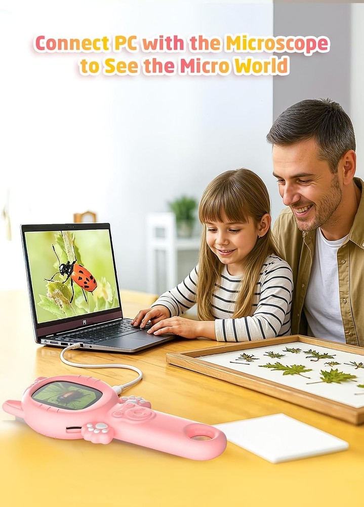 2-in-1 Microscope Camera for Kids, Mini Handheld Microscope Supporting (Pink)